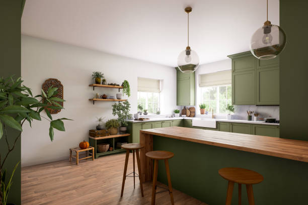 istock Modern green kitchen with natural elements, large space and stylish design 2180822138