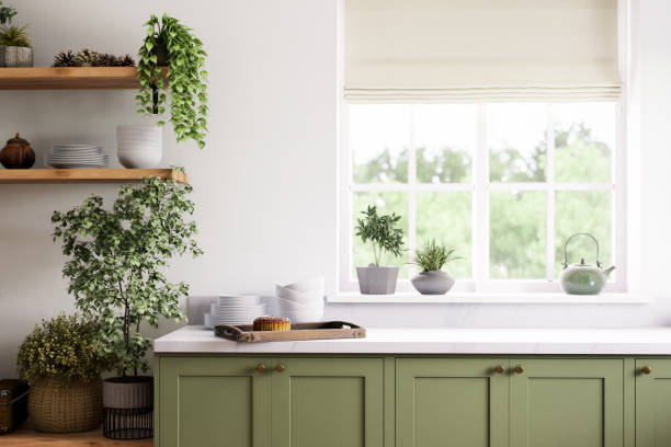 istock Modern green kitchen with natural accents and incredibly stylish decor elements 2180822139