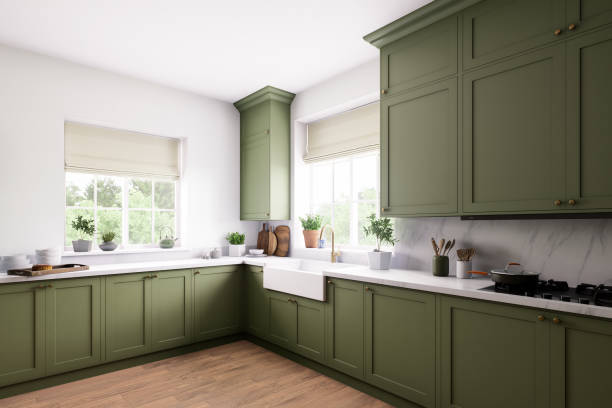 istock A contemporary modern kitchen with striking green cabinets and a clean, minimalist design 2180822146