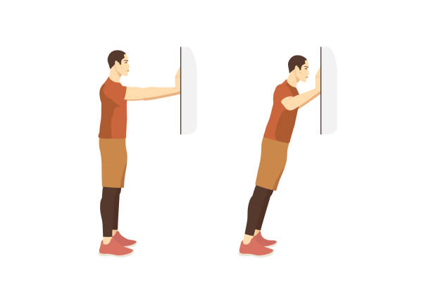 Sport Men doing exercise with wall push up plus posture. illustration about workouts at shoulder and arm muscles and spine.