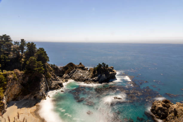 Breathtaking view of mcway falls cascading down a cliff onto a pristine beach, surrounded by dramatic cliffs and lush vegetation in julia pfeiffer burns state park, big sur, california