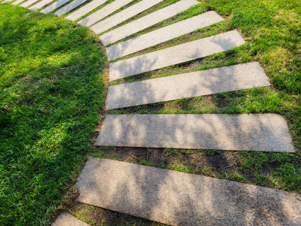 istock A cement block path on a green lawn in a city park. 2180837888
