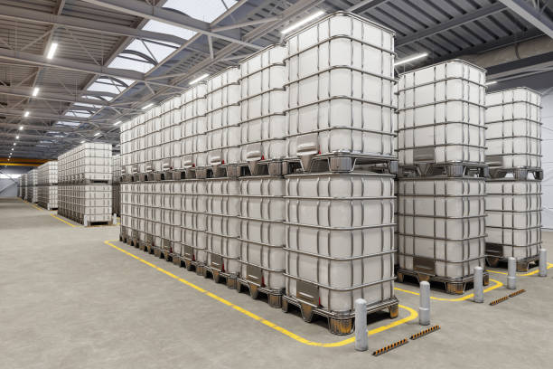 Close-up Of Plastic IBC Tanks In The Warehouse