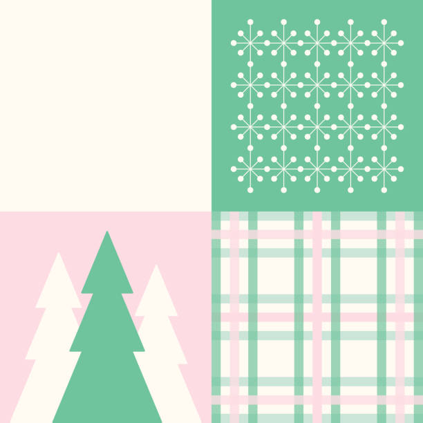 Four quadrants of festive colors and design elements including evergreen-style trees, mid century-inspired icicle garland, and pink buttermint plaid. Copy space available to complete the layout with a seasonal greeting. Editable vector illustration.