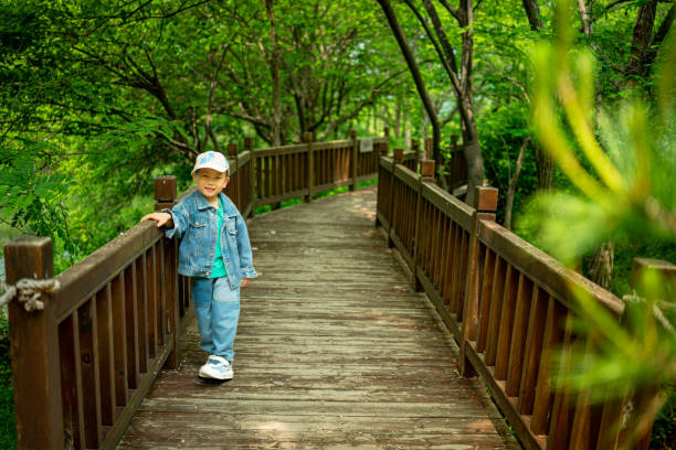 Little boy hiking in the forest on a early spring. Outdoors games for children. High quality photo