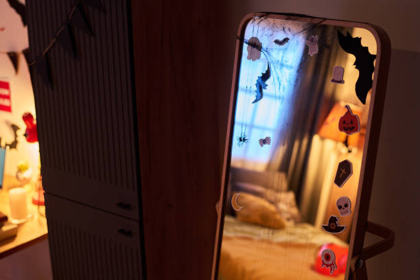 istock Stickers of Halloween symbols on mirror 2180893444