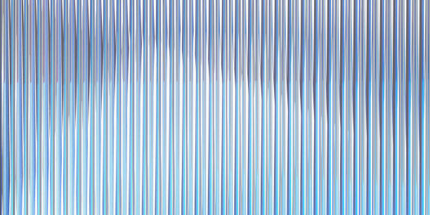 Abstract 3d blue background wallpaper with reeded glass and gradient texture, light refraction render. Transparent acrylic or plastic fluted frosted wall with vertical pattern lines. 3D illustration