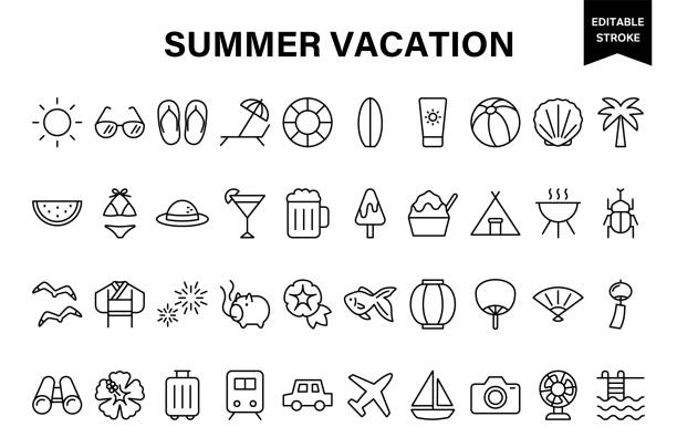 ilustrații de stoc cu set de pictograme vectoriale simple legate de vacanța de vară. - fluture insectă