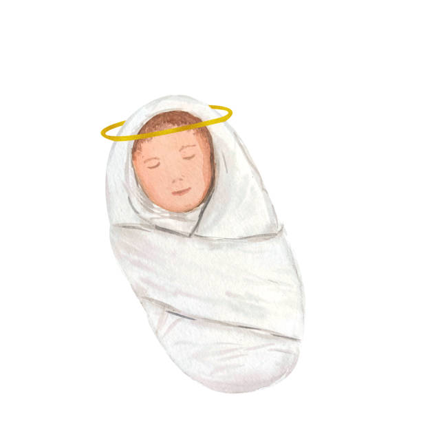 istock Wrapped baby Jesus with golden nimbus watercolor illustration isolated on white. 2180906549