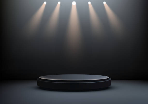 istock Black Circular Podium with Spotlights for Product Display and Award Ceremonies, 3D Mockup Showcase in Dark Elegant Setting 2180912459