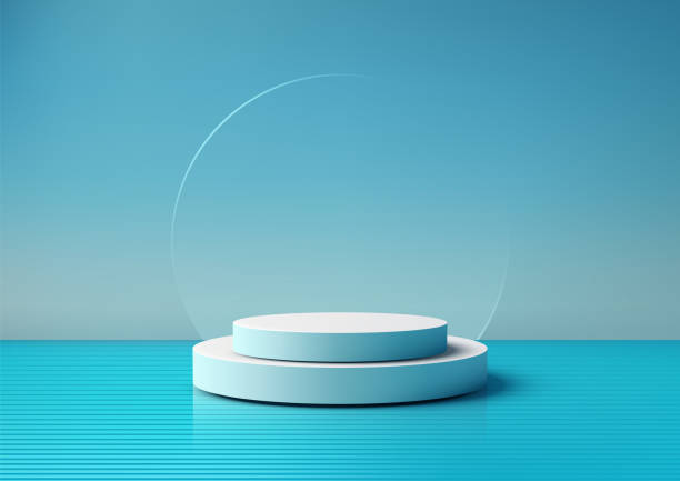 istock Minimalist 3D White Circular Podium Stacked on Glass Circle in Blue Sky Background, Nature Inspired Product Display and Mockup Presentation 2180912479