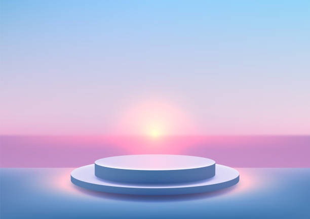 istock Minimalist 3D Blue Podium at Twilight with Glowing Sunset Light, for Nature Product Display, Mockup, and Showroom Showcase 2180912494