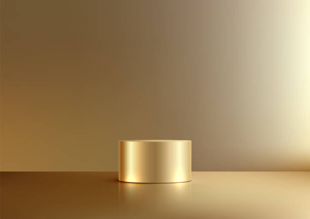 istock Luxury Golden 3D Cylindrical Podium with Reflective Surface, Elegant Product Display and Mockup for showroom and Exclusive Showcase 2180912497