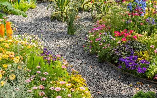 istock colorful flowers with rock path leading through a flower garden 2180914775