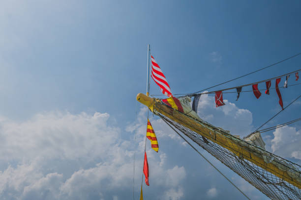 The bowsprit and some of the rigging of the skipjack Stanley Norman, at City Dock in Annapolis, MD. The Stanley Norman was built in 1902, and is one of the very few surviving Chesapeake Bay skipjacks, the last commercial sailing fleet in the United States.