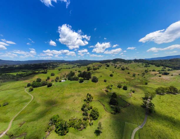 Aerial view of lush farmland near Lismore, NSW, Australia