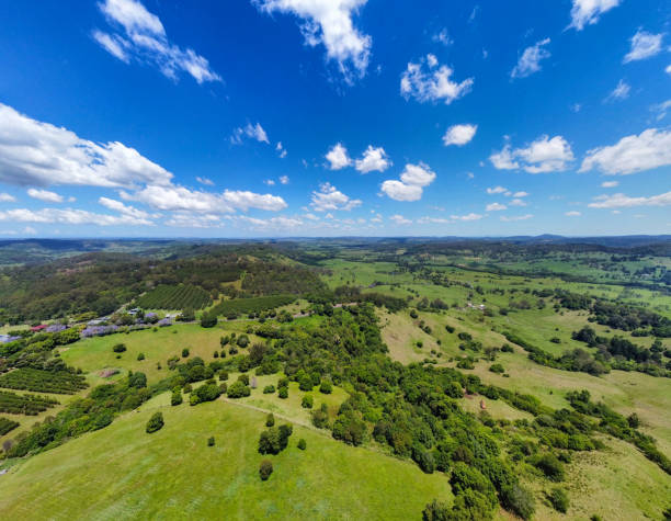 Aerial view of lush farmland near Lismore, NSW, Australia