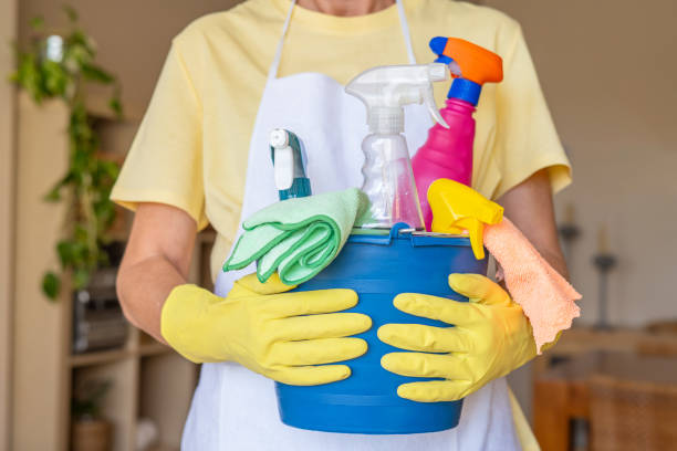 Detailed Close-Up Of Home Cleaning Service Worker Holding Bucket With Essential Cleaning Products And Spray Bottles, Ready For Efficient Household Maintenance And Surface Sanitization Detailed Close-Up Of Home Cleaning Service Worker Holding Bucket With Essential Cleaning Products And Spray Bottles, Ready For Efficient Household Maintenance And Surface Sanitization deep cleaning services stock pictures, royalty-free photos & images