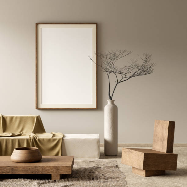 istock Mock up poster frame in boho style decorated livinig room. Modern, authentic Interior design of living room with wooden furnitures. 3D illustration 2180929742