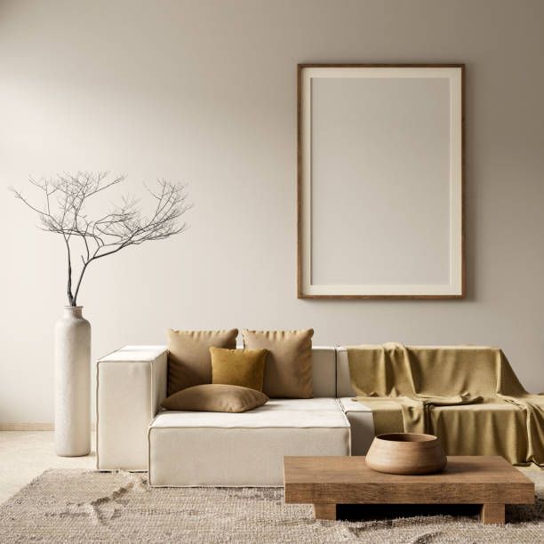 istock Mock up poster frame in boho style decorated livinig room. Modern, authentic Interior design of living room with wooden furnitures. 3D illustration 2180929754