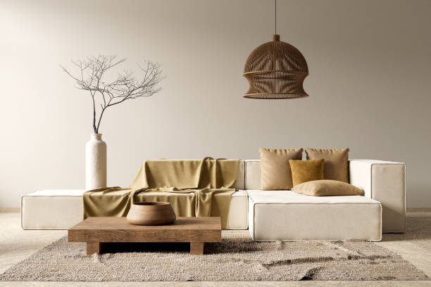 istock Bboho style decorated livinig room. Modern, authentic Interior design of living room with wooden furnitures. 3D illustration 2180929757