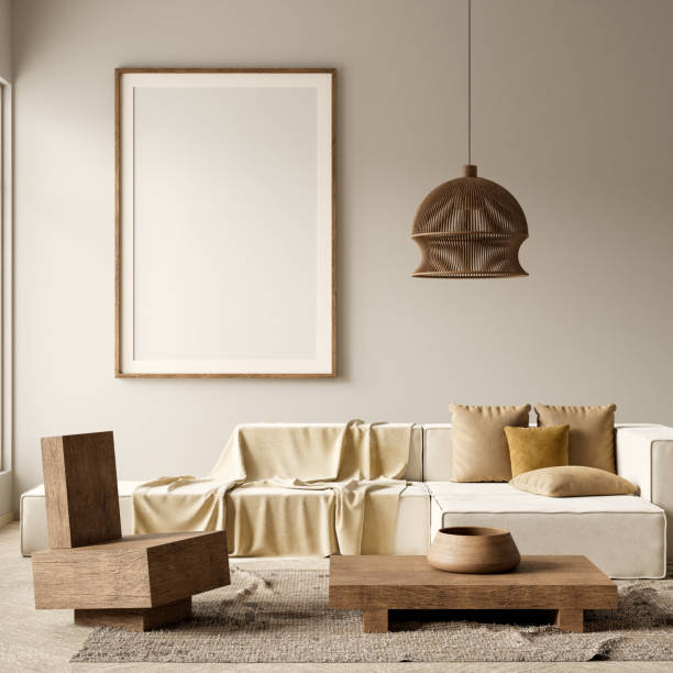 istock Mock up poster frame in boho style decorated livinig room. Modern, authentic Interior design of living room with wooden furnitures. 3D illustration 2180929784