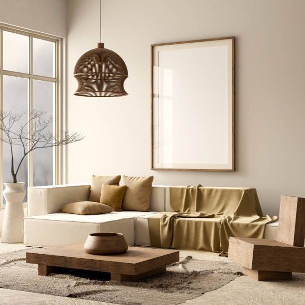 Mock up poster frame in boho style decorated livinig room. Modern, authentic Interior design of living room with wooden furnitures. 3D illustration