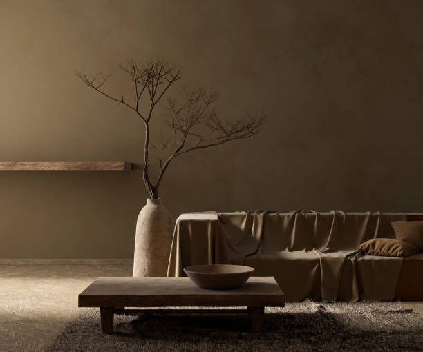 istock Bboho style decorated livinig room. Modern, authentic Interior design of living room with wooden furnitures. 3D illustration 2180929840
