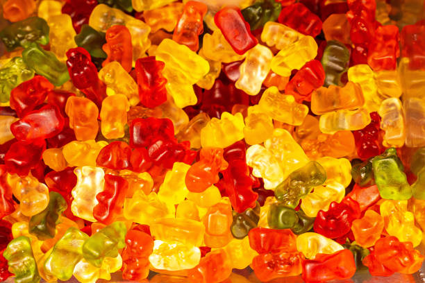 Assorted colorful gummy jelly candies. Top view. Jelly sweets.
