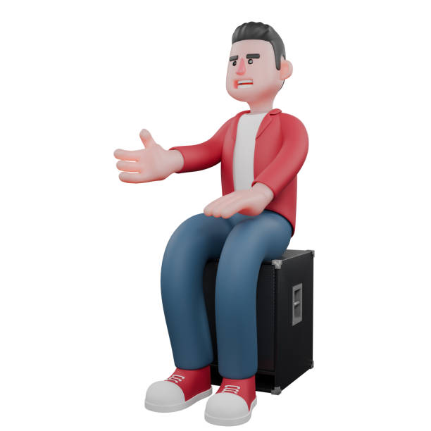 istock Singing Star 3D Model. A male singer is sitting on a speaker while extending his right palm forward. Animated Performer 2180934498