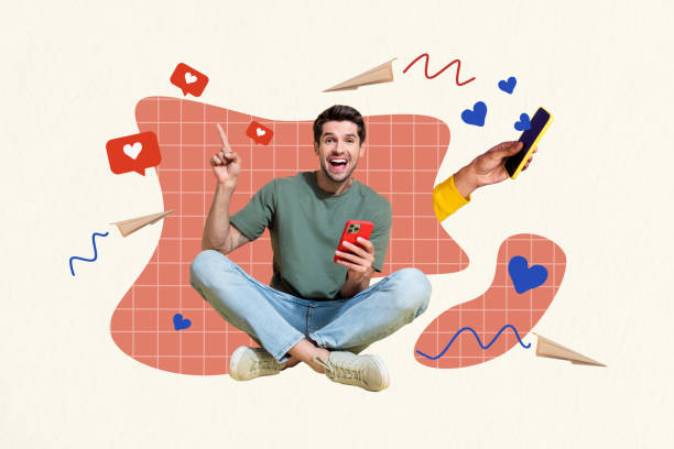 istock Creative picture collage young cheerful man smartphone digital device blogger notification feedback like popularity increase smm 2180936924