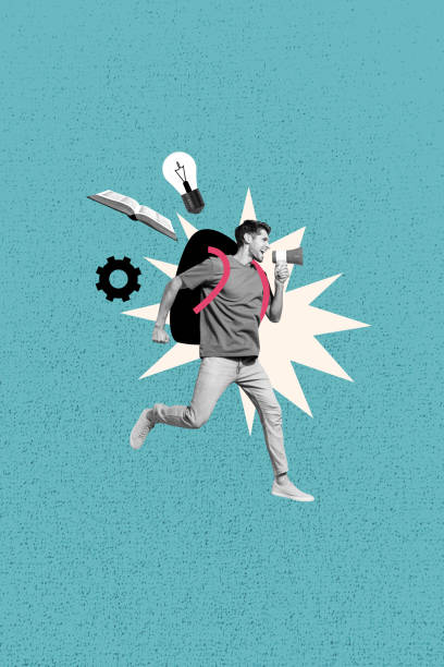 istock Composite trend artwork sketch image collage of monochrome young guy talk loudspeaker run moving student backpack idea lamp book gear 2180936961