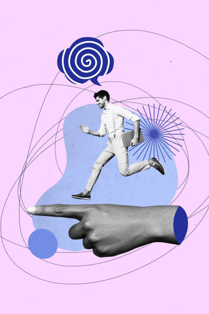 istock Vertical photo collage of happy freelancer man run laptop device hand point direction promotion career isolated on painted background 2180936977