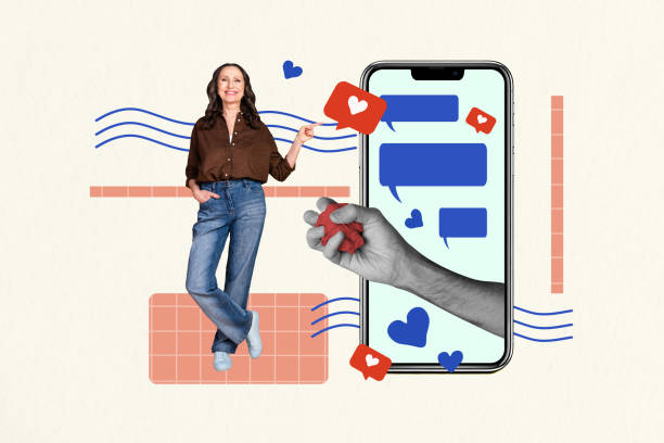 istock Collage mature woman blogger smm targetologist feedback messenger app popularity increase notification button icons smartphone screen 2180937703