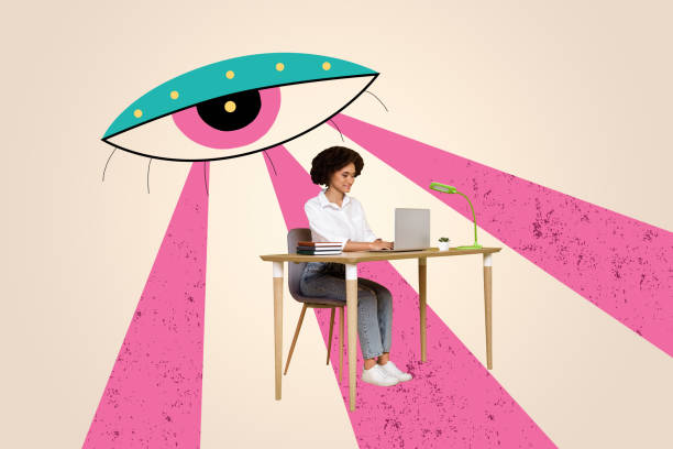 istock Composite trend artwork image photo collage of huge eyes watch vision allseeing control freemason young lady work laptop office spy boss 2180937855