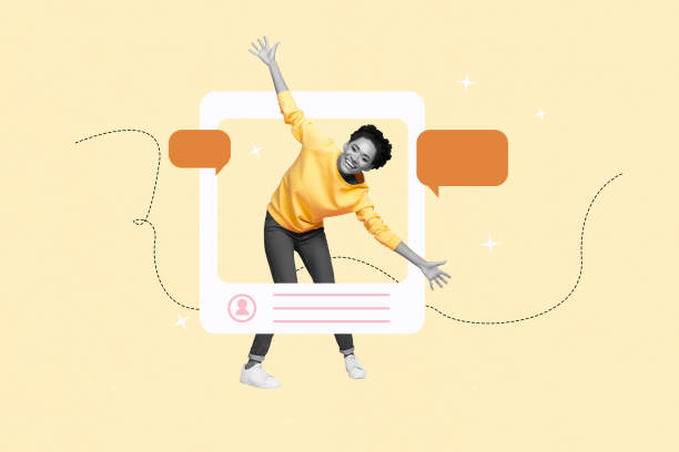 istock Composite artwork collage of app image frame blogger like profile summer vacation young woman stand spread hands hold smile speech cloud 2180937882