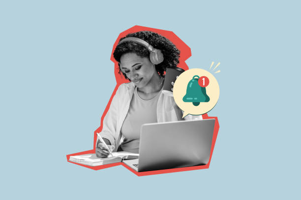 Creative collage image young woman freelancer remote job student exam preparation alarm clock bell reminded calendar assignment.