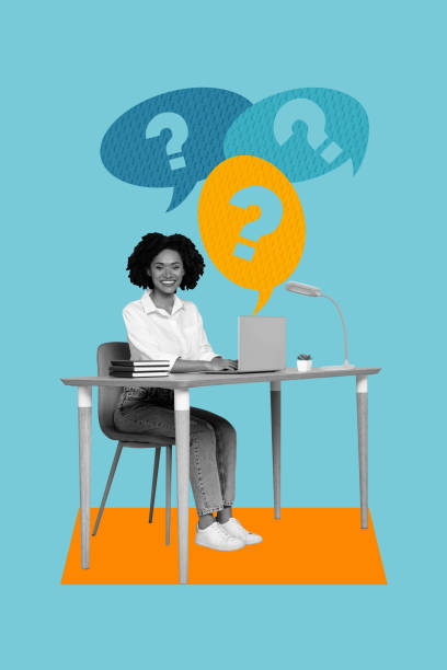 istock Composite trend artwork 3D sketch image photo collage of speech cloud chatting message app question sms young woman office work laptop 2180937998