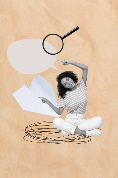 istock Vertical poster collage young cheerful girl showing finger gesture pointing loop glass communication paper airplane drawing background 2180938114