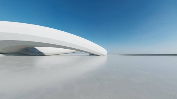 istock 3d render of white futuristic architecture, abstract wavy structure with empty concrete floor 2180941398