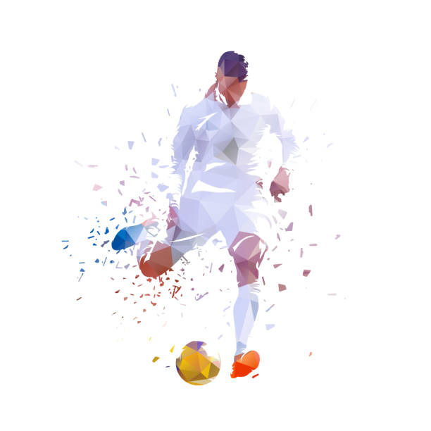 istock Soccer, football player kicking ball, isolated low poly vector illustration, front view 2180950618