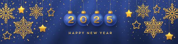 istock Happy New Year 2025. Hanging blue Christmas bauble balls with realistic golden 3d numbers 2025. Golden snowflakes and 3D metallic stars on blue background. Holiday banner, header. Vector Illustration 2180951427