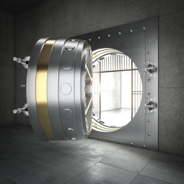 istock Open bank vault door revealing bright light inside 2180951497