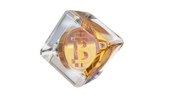 3d Animation cartoon bitcoin in ice on white background. Bitcoin cryptocurrency.