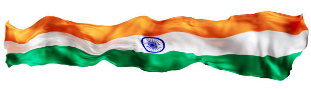 Stylized flag of India waving in the wind, isolated on white background. Footer, header or divider. Cut out wide, panoramic element. Banner for patriotic themes or national event promotions. 3D.