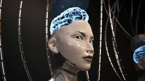 A female android with a glowing brain among many duplicates. Its eyes are eerily human. 3D illustration