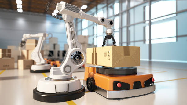 istock Automated robotic arms handling packages in a modern warehouse environment during daylight hours. 3D illustration 2180961855
