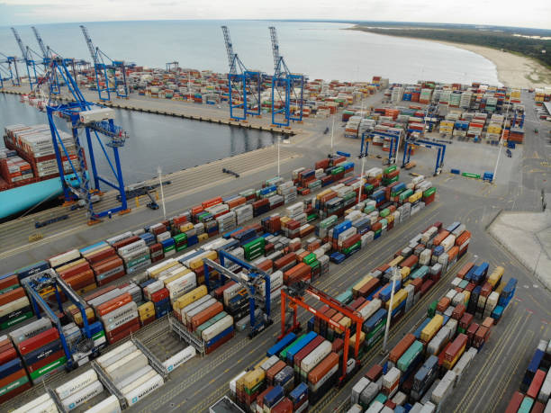 istock Cargo container ship port harbor aerial view Gdansk, Poland 2180963696
