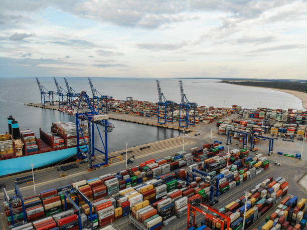 istock Cargo container ship port harbor aerial view Gdansk, Poland 2180963784