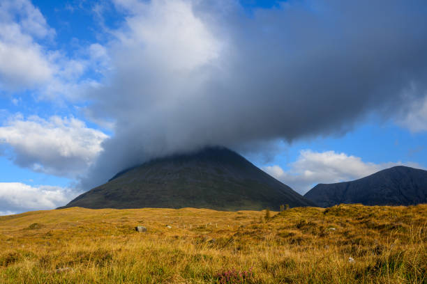 Mountains in Sligachan under dramatic cloudy sky in sunset